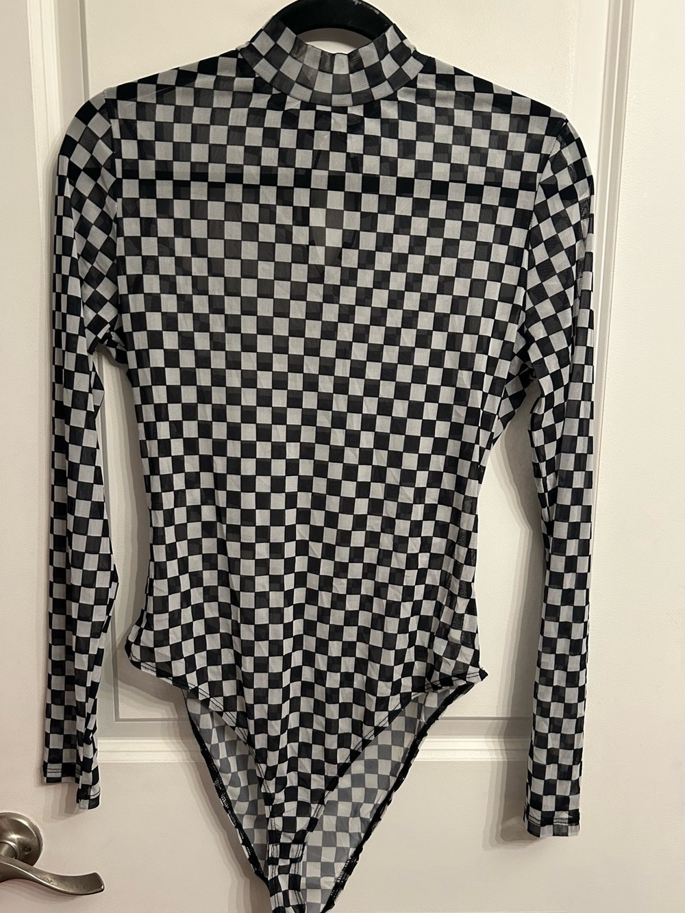Black & White Checkerboard Mesh Long-Sleeve Bodysuit